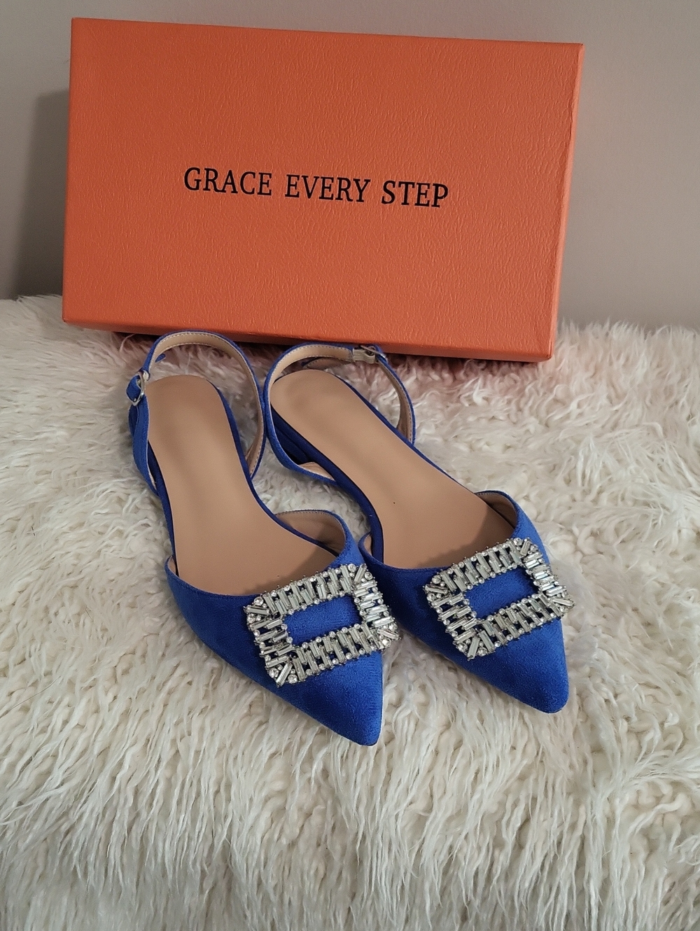 Blue Crystal-Embellished Pointed Slingback Flats